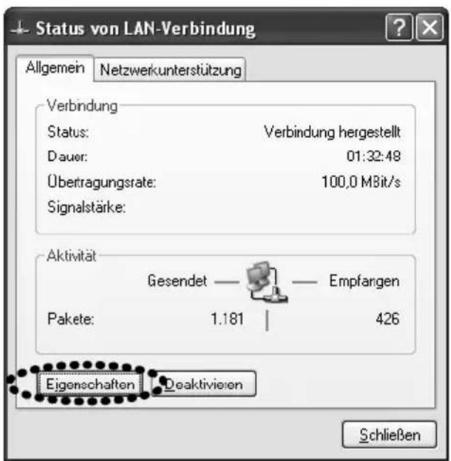 Status von LAN-Verbindung Allgemein Netzwerkunterstützung Verbindung Status: Verbindung hergestellt Dauer: 01:32:48 Übertragungsrate: 100,0 MBit/s Signalstärke: Aktivität Gesendet — Empfangen Pakete: 1.181 | 426 Eigenschaften Deaktivieren Schließen