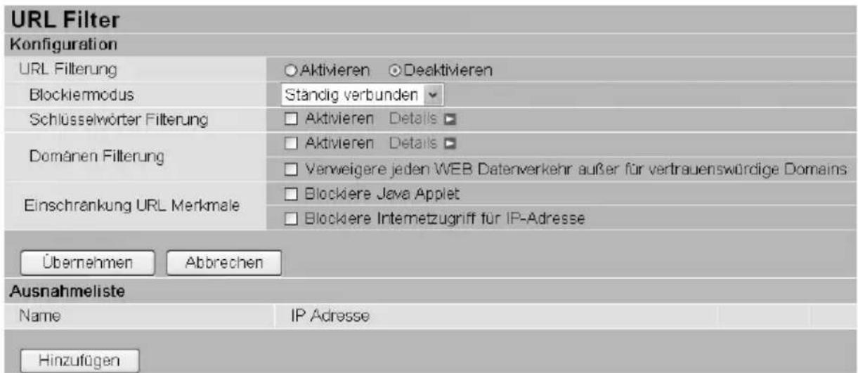 URL Filter Konfiguration URL Filterung ○Aktivieren ○Deaktivieren Blockiemmodus Ständig verbunden Schlüsselwörter Filterung □Aktivieren Details □ Domänen Filterung □Aktivieren Details □ □Verweigere jeden WEB Datenverkehr außer für vertrauenswürdige Domains Einschränkung URL Merkmale □Blockiere Java Applet □Blockiere Internetzugriff für IP-Adresse Übernehmen Abbrechen Ausnahmeliste Name IP Adresse Hinzufügen