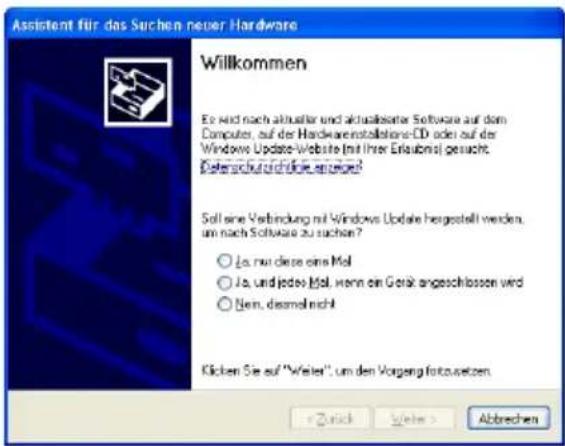 Assistent für das Suchen neuer Hardware Willkommen Es auch nach aktueller und aktualisenter Software auf dem Computer, auf der Hardware installations-CD oder auf der Windows Update-Website (mit Ihrer Erlaubmal gesucht, Daterichurich die erworben) Soll eine Verbindung mit Windows Update hergestellt werden, um nach Software zu suchen? ○ Ja. nur diese eine Mol ○ Ja. und jeder Bjel, wenn ein Gerät angeschlossen wird ○ Bem. desmal nicht! Klicken Sie auf "Weier", um den Vorgeng fortzusetzen. Zurich Steiner > Abbrechen