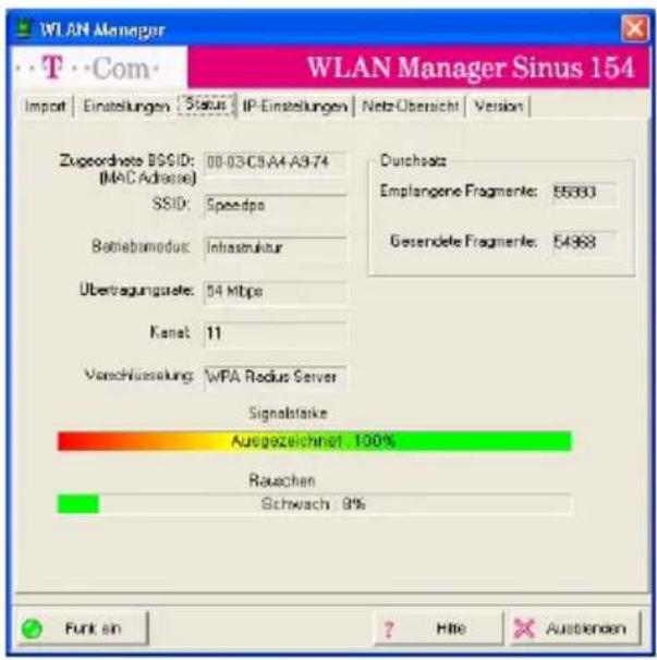 WLAN Manager WLAN Manager Sinus 154 Import | Einstellungen | Status | IP-Einstellungen | Netz-Ubersicht | Version | Zugeordnete BSSID: 00-03-C5A4-A9.74 (MAC Adriase) SSID: Speedpa Betriebamodus: Infrastruktur Übertragungsrate: 54 Mbps Kanat: 11 Verschluessung: WPA Radius Server Signalstake Ausgezeichnet: 100% Rauchen Schwach: 8% Durchsatz Emplanogene Fragmente: 55363 Gesendete Fragmente: 54968 Funk ein ? Hitie × Ausblenden