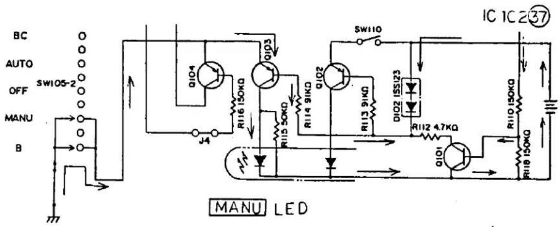 BC AUTO OFF MANU B SW105-2 Q104 Q103 R116 150kΩ J4 R115 50kΩ Q102 R114 91kΩ R113 91kΩ Q102 ISS123 R112 4.7kΩ Q101 R110 150kΩ IC 1C 2③7 MANU LED