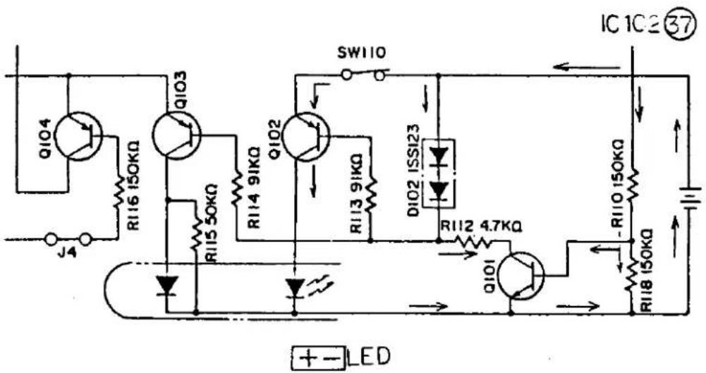 Q104 R116 150kΩ J4 Q103 R115 50kΩ Q102 SWI10 R114 91kΩ R113 91kΩ DIO2 ISSI23 R112 4.7kΩ Q101 R118 150kΩ IC 1C2 37 + -LED