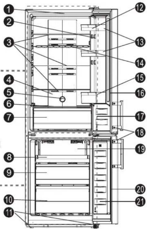 Technical diagram of a refrigerator interior with numbered components for identification