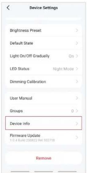Device Settings Brightness Preset > Default State > Light On/Off Gradually On > LED Status Night Mode > Dimming Calibration > User Manual > Groups 0 > Device info > Firmware Update 1.0.4 Build 230822 Rel 102718 > Remove
