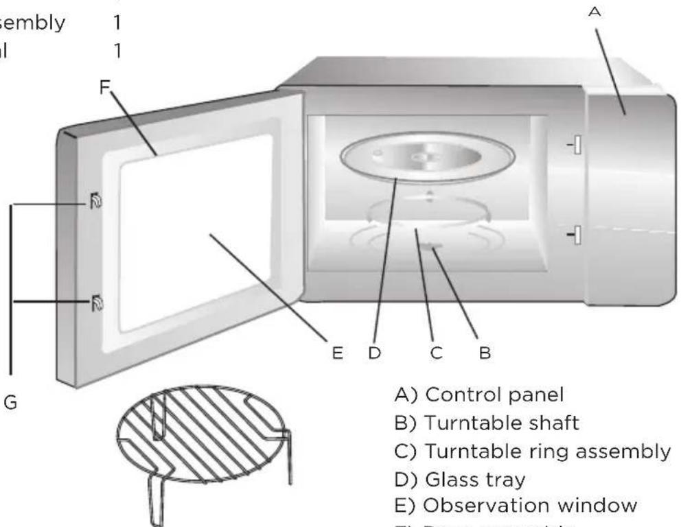 embly 1 I 1 F A G E D C B A) Control panel B) Turntable shaft C) Turntable ring assembly D) Glass tray E) Observation window F) Down assembly