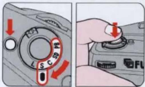 Diagram showing camera mode dial control with red arrows indicating clockwise direction and a hand pressing the button.