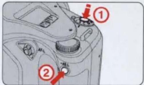 Diagram of a DSLR camera with labeled parts and directional arrows indicating motion or positioning.