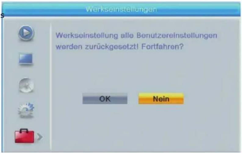 Werkseinstellungen Werkseinstellung alle Benutzereinstellungen werden zurückgesetzt! Fortfahren? OK Nein