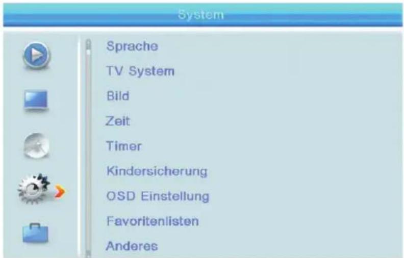 System Sprache TV System Bild Zeit Timer Kindersicherung OSD Einstellung Favoritenlisten Anderes