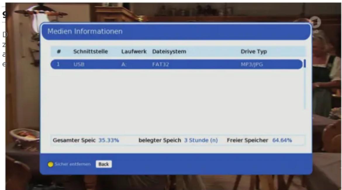 Medien Informationen Schnittstelle Laufwerk Dateisystem Drive Typ 1 USB A: FAT32 MP3/JPG Gesamter Speic 35.33% belegter Speich 3 Stunde (n) Freier Speicher 64.64% Sicher entfernen Back
