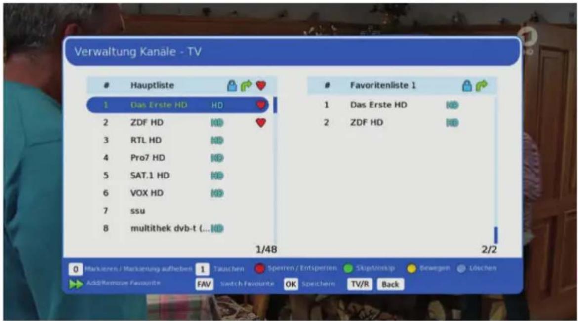 Verwaltung Kanäle - TV Hauptliste 1 Das Erste HD HD 2 ZDF HD KD 3 RTL HD ND 4 Pro7 HD KD 5 SAT.1 HD KD 6 VOX HD KD 7 ssu 8 multithek dvb-t (... KD) 1/48 Favoritenliste 1 1 Das Erste HD KD 2 ZDF HD KD Markeren / Markierung aufheben 1 Tauschen Sperren / Eentsperen Skip/roskap Sewergen Löschen Add/Remove Favourite FAV Switch Favourite OK Speichern TV/R Back