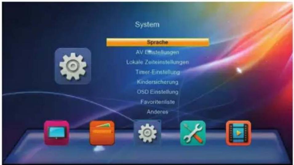 System Sprache AV Einstellungen Lokale Zeiteinstellungen Timer-Einstellung Kindersicherung OSD Einstellung Favoritenliste Anderes
