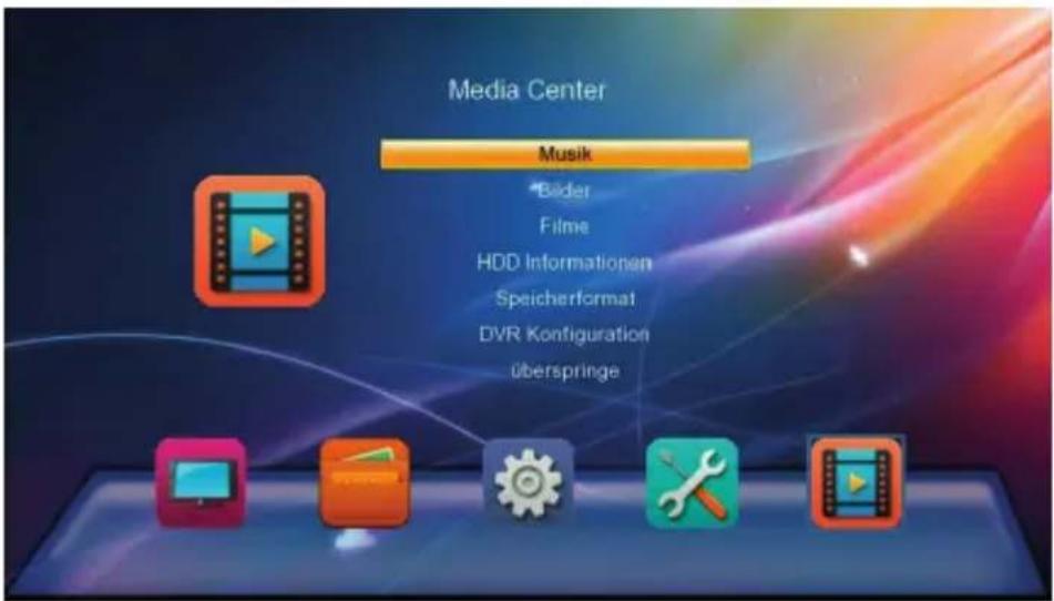 Media Center Musik Bäder Filme HDD Informationen Speicherformat DVR Konfiguration überspringe