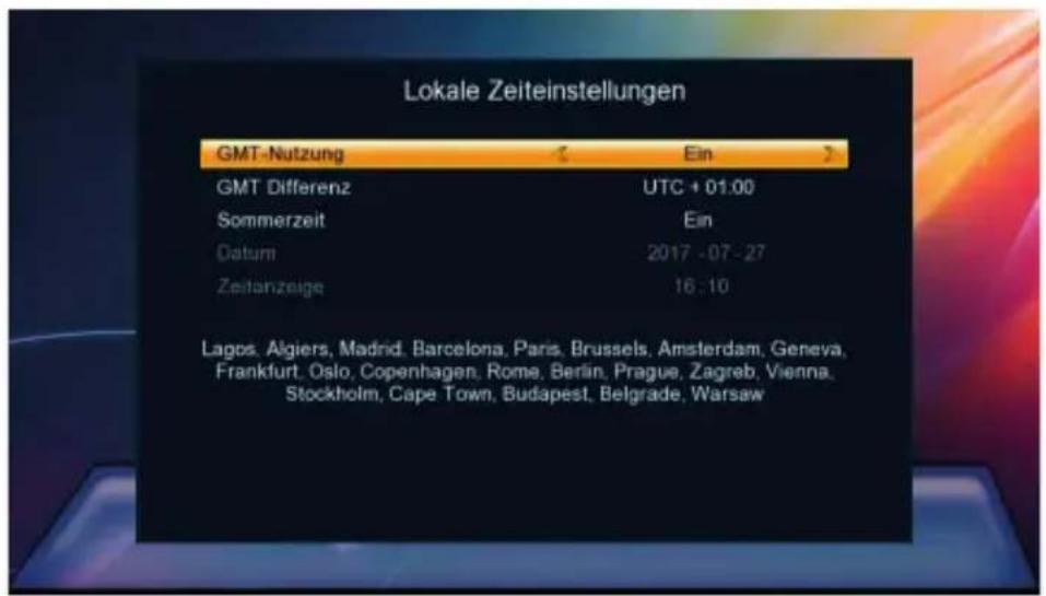 Lokale Zeiteinstellungen GMT-Nutzung GMT Differenz Sommerzeit Datum Zeitanzeige Ein UTC + 01:00 Ein 2017 - 07 - 27 16.10 Lagos, Algiers, Madrid, Barcelona, Paris, Brussels, Amsterdam, Geneva, Frankfurt, Oslo, Copenhagen, Rome, Berlin, Prague, Zagreb, Vienna, Stockholm, Cape Town, Budapest, Belgrade, Warsaw