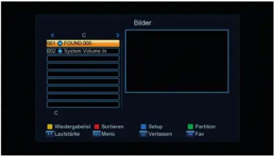 Bilder 001 FOUND.000 002 System Volume in C Wiedergabelist Sortieren Setup Partition Lautstärke Menu Verlassen Fav