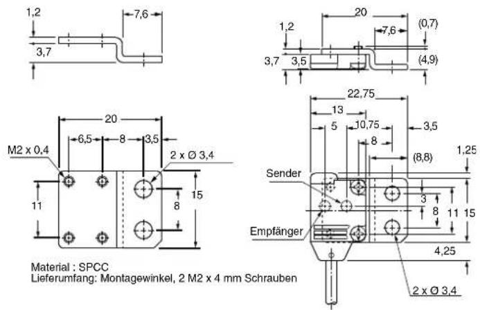 1,2 7,6 3,7 M2 x 0,4 20 6,5 8 3,5 2 x Ø 3,4 11 8 15 20 1,2 20 7,6 (0,7) 3,7 3,5 (4,9) 22,75 13 5 10,75 8 3,5 (8,8) 1,25 Sender 3 8 11 15 Empfänger 4,25 2 x Ø 3,4 Material : SPCC Lieferumfang: Montagewinkel, 2 M2 x 4 mm Schrauben