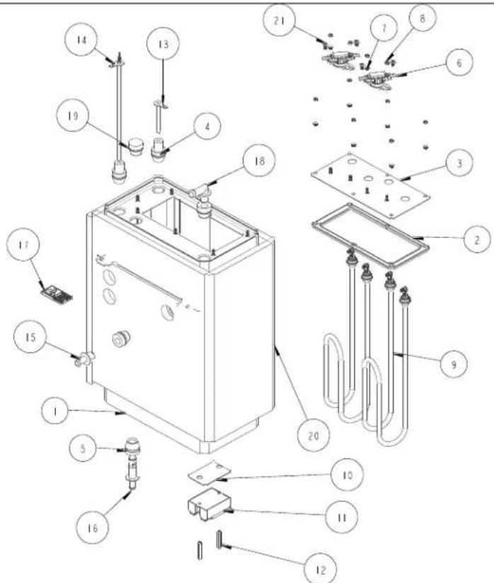 Exploded view diagram of an electrical enclosure with numbered components and internal wiring connections