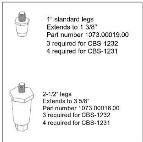 1" standard legs Extends to 1 3/8" Part number 1073.00019.00 3 required for CBS-1232 4 required for CBS-1231 2-1/2" legs Extends to 3 5/8" Part number 1073.00016.00 3 required for CBS-1232 4 required for CBS-1231
