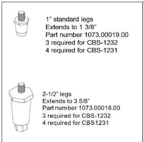 1" standard legs Extends to 1 3/8" Part number 1073.00019.00 3 required for CBS-1232 4 required for CBS-1231 2-1/2" legs Extends to 3 5/8" Part number 1073.00016.00 3 required for CBS-1232 4 required for CBS-1231