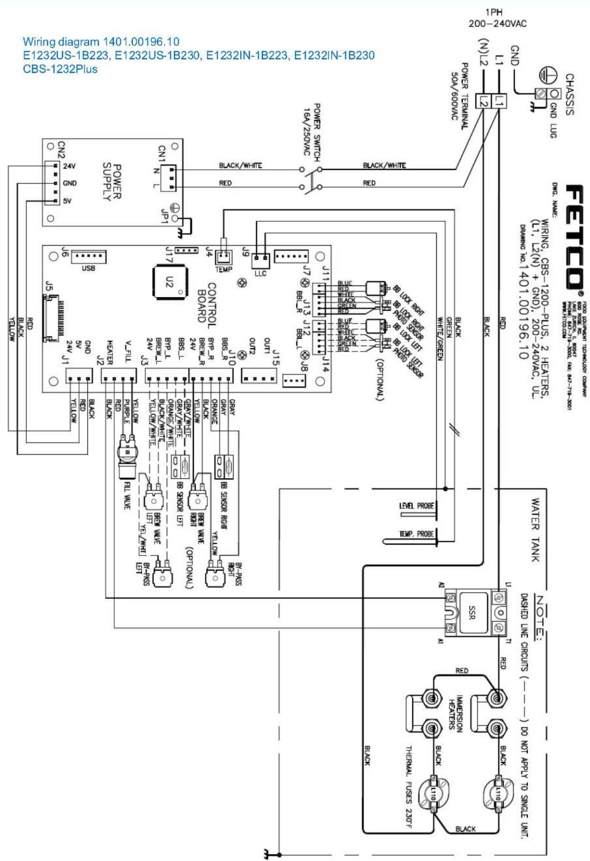 Wiring diagram 1401.00196.10 E1232US-1B223, E1232US-1B230, E1232IN-1B223, E1232IN-1B230 CBS-1232Plus CN2 ON 24V USB POWER SUPPLY U2 N JPI 17 CONTROL BOARD TEN 4 Black/White RED 16A/250VAC POWER SWITCH 16A/250VAC RED BLACK/WHITE POWER TERMINAL 50A/600VAC 1PH (N)L2 200-240VAC CND GND LUC WRING, CBS-1200-PLUS, 2 HEATERS, (1L, L2(N) + GND), 200-240VAC, UL. DRAWING NO.1401.00196.10 WATER TANK NOTE: DASHED LINE CROCS (---) DO NOT APPLY TO SINGLE UNIT. THERAL FUSES 230F BLACK IMERISON HEATERS BLACK SSR RED Black RIO RIO RIO RIO RRS RRS RRS RRS RRS RRS RRS RRS RRS RRS RRS RRS RRS RRS RRS RRS RRS RRS RRS RRS RRS RRS RRS RRS RRS RRS RRS RRS RRS RRS RRS RRS RRS RRS
