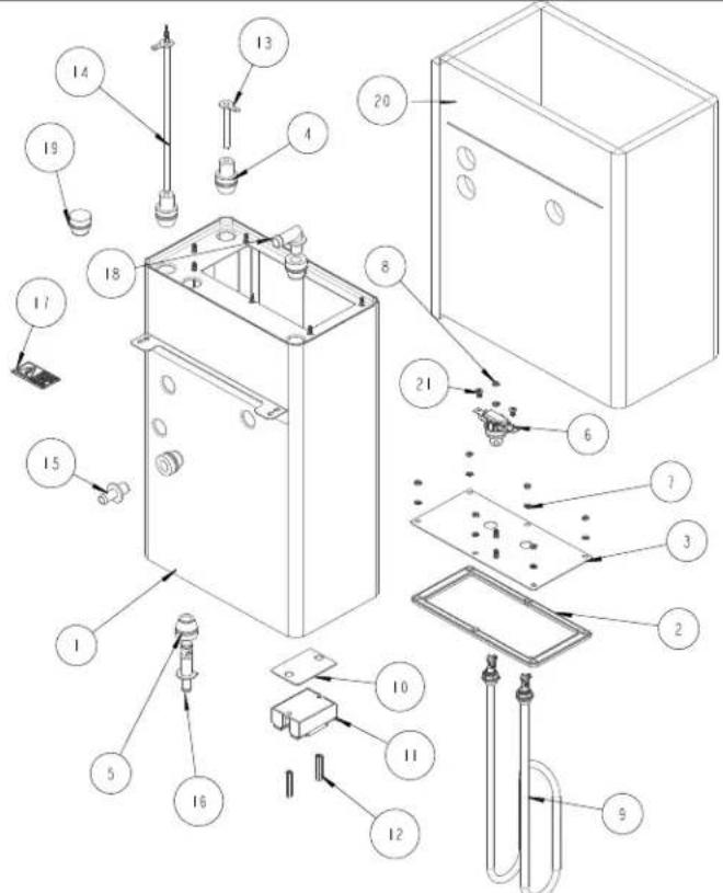 Exploded view diagram of a mechanical or electrical enclosure with numbered components for identification.