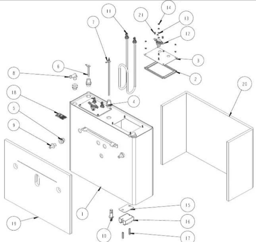 Exploded view diagram of a refrigerator with numbered parts for identification