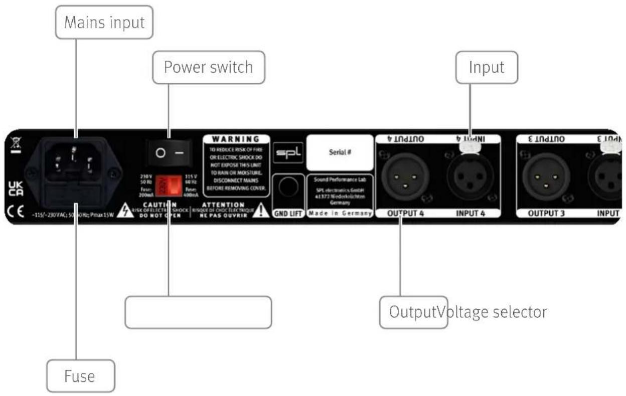 Mains input Power switch Input WARNING TO REDUCE RISK OF FIRE OR ELECTRIC SHOCK DO NOT EXPOSE THIS UNIT TO RAIN OR MOISTURE. DISCONNECT MAINS BEFORE REMOVING COVER. spl Serial # Sound Performance Lab SPL electronics GmbH 41372 Niedersklichten Germany GND LIFT Made in Germany OUTPUT 4 INPUT 4 OUTPUT 3 INPUT OutputVoltage selector Fuse