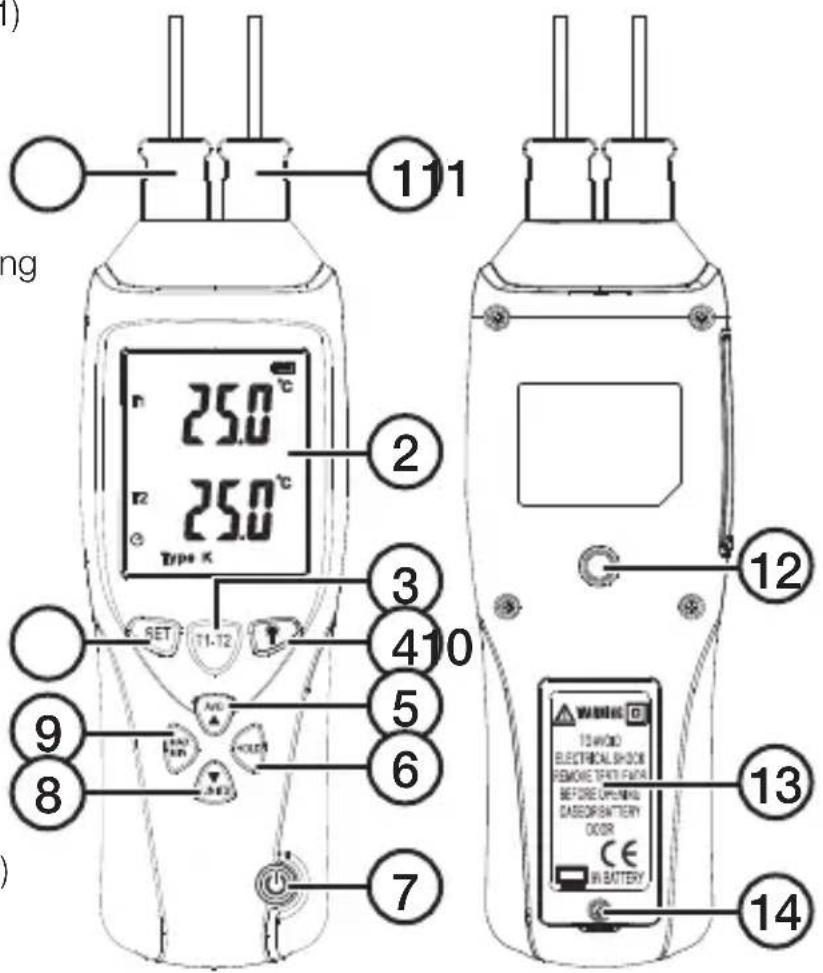 111 25.0°C 25.0°C Type K SET T1-12 410 9 8 6 7 12 13 14 TWOO ELECTRICAL SHOCK REMOTE TEXT FATHA BEFORE OPENING CASEOPBATTERY DOOR CE IN BATTERY