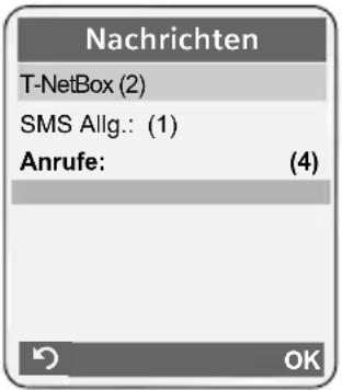 Nachrichten T-NetBox (2) SMS Allg.: (1) Anrufe: (4)