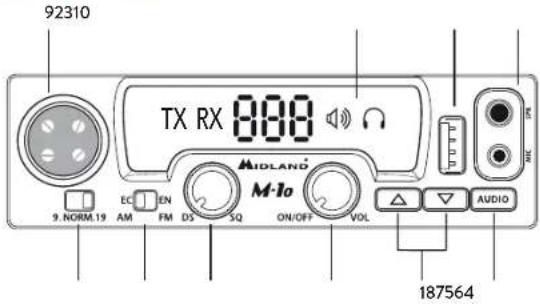 92310 TX RX 888 MIDLAND M-Io 9. NORM.19 EC AM EN FM DS SQ ON/OFF VOL AUDIO 187564