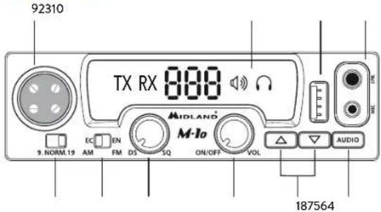 92310 TX RX 888 MIDLAND M-Io 9. NORM.19 EC EN FM DS SQ ON/OFF VOL AUDIO 187564