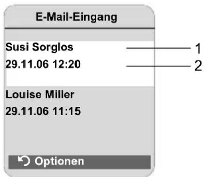 E-Mail-Eingang Susi Sorglos 29.11.06 12:20 Louise Miller 29.11.06 11:15 Optionen