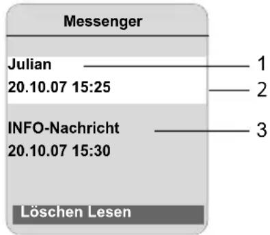Messenger Julian ———— 1 20.10.07 15:25 ———— 2 INFO-Nachricht ———— 3 20.10.07 15:30 ———— Löschen Lesen