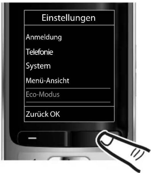 Einstellungen Anmeldung Telefonie System Menü-Ansicht Eco-Modus Zurück OK