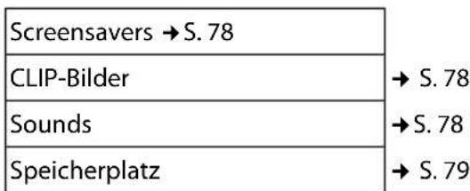 Screensavers → S. 78 CLIP-Bilder → S. 78 Sounds → S. 78 Speicherplatz → S. 79