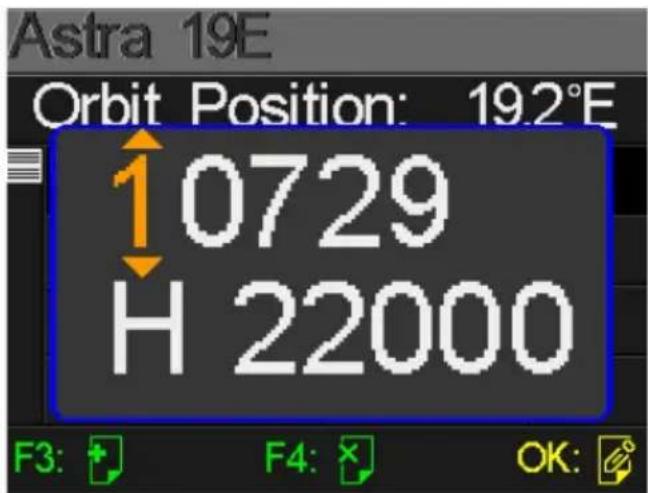 Astra 19E Orbit Position: 19.2°E ↑0729 H 22000 F3: F4: OK: