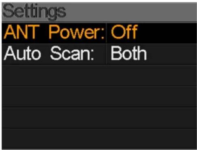 Settings ANT Power: Off Auto Scan: Both