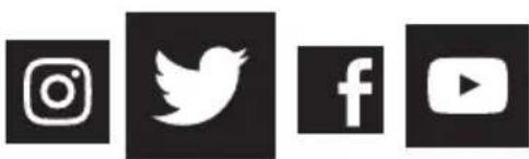 Four black square icons representing social media platforms: Instagram, Twitter, Facebook, and YouTube (no text or symbols beyond logos)
