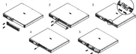 Diagram showing five steps of a device or storage module with labeled components and an inset magnified view.