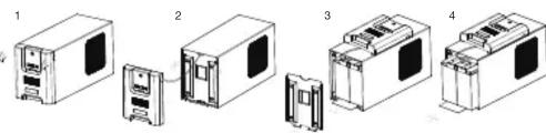Diagram showing four labeled electronic device components with internal connectors and housing mechanisms