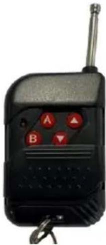 Black handheld device with four red buttons labeled A, B, and a triangular symbol on its side (no readable text or numbers)