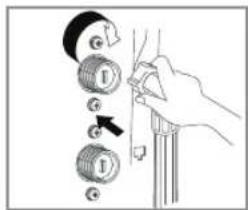 Diagram showing a hand adjusting a knob with directional arrows and labeled parts, likely illustrating a mechanical or electrical component adjustment.