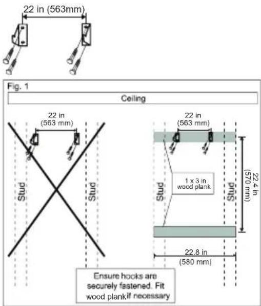 22 in (563mm) 22 in (563 mm) Stud Stud 22 in (563 mm) 1 x 3 in wood plank Stud Stud 22.4 in (570 mm) 22.8 in (580 mm) Fig. 1 Ceiling Ensure hooks are securely fastened. Fit wood plank if necessary