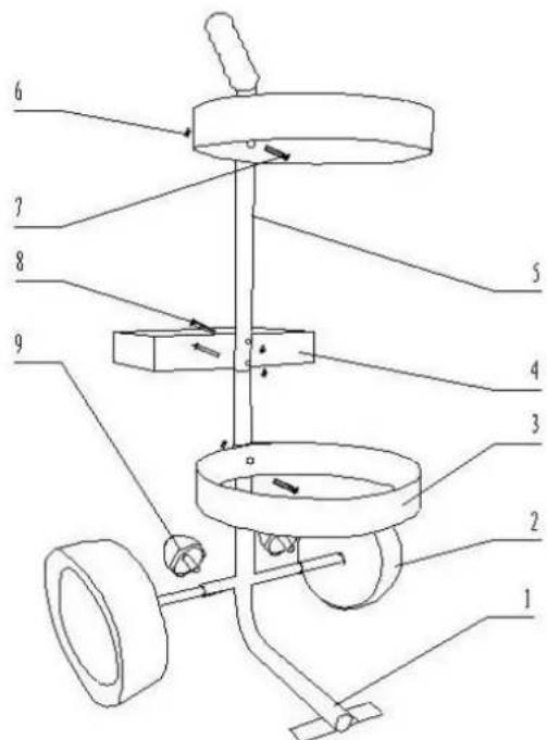 Technical diagram of a mechanical device with numbered components and directional arrows indicating motion or assembly.
