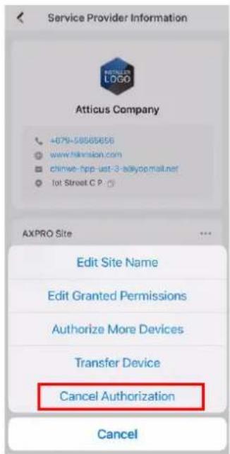 Service Provider Information Atticus Company +079-58565656 www.hkvision.com chirive-npp-ust-3-asycopmail.net tot Street C P : AXPRO Site Edit Site Name Edit Granted Permissions Authorize More Devices Transfer Device Cancel Authorization Cancel