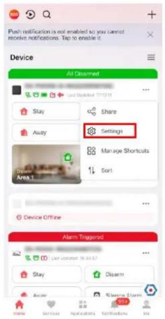 Push notification is not enabled so you cannot receive notifications. Tap to enable it. Device All Disarmed Stay Share Away Settings Manage Shortcuts Dream Area 1 Sort Device Offline Alarm Triggered Last Update: 16:00:57 Stay Disarm Avay Simena Alarm