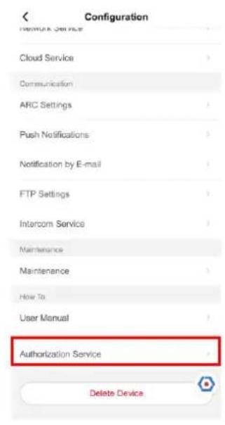 Configuration Network Service Cloud Service Communication ARC Settings Push Notifications Notification by E-mail FTP Settings Intercom Service Maintenance Maintenance How To User Manual Authorization Service Delete Device