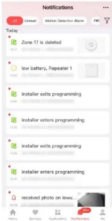 Notifications All Unread Motion Detection Alarm PIR Today Zone 17 is deleted low battery, Repeater 1 installer exits programming installer enters programming installer exits programming installer enters programming received photo on lewu... Home Services Applications Notifications My