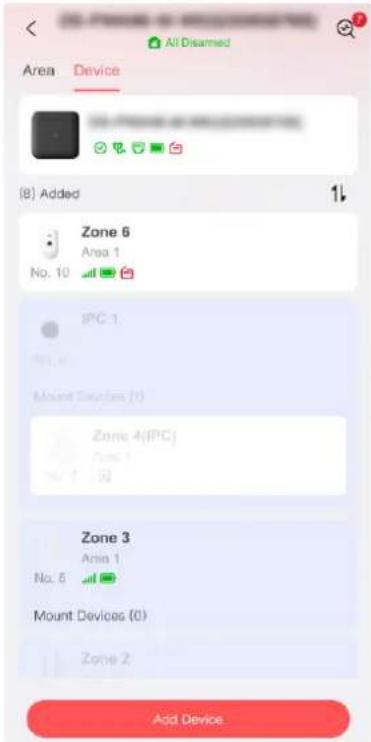All Disarmed Area Device (B) Added Zone 6 Area 1 No. 10 IPC 1 Mount Devices (1) Zone 4(IPC) Area 1 No. 5 Zone 3 Area 1 No. 5 Mount Devices (0) Zone 2 Add Device