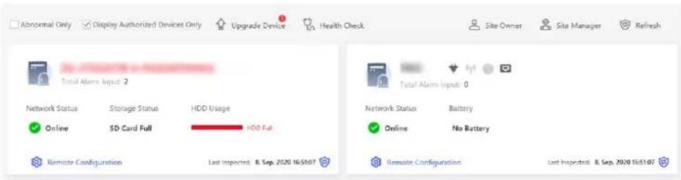 Abnormal Only Display Authorized Devices Only Upgrade Device Health Check Site Owner Site Manager Refresh Total Alarm Input: 2 Network Status Storage Status HDD Usage Online SD Card Full HDD Full Remote Configuration Last Imported: R. Sep. 2020 16:51:07 Total Alarm Input: 0 Network Status Battery Online No Battery Remote Configuration Last Imported: R. Sep. 2020 16:51:07